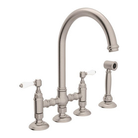 Deck Mount C-Spout 3 Leg Bridge Kitchen Faucet With Sidespray And Porcelain Lever In Satin Nickel