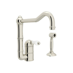 Single Hole Column Spout Kitchen Faucet With Sidespray With Porcelain Lever Handle In Polished Nickel
