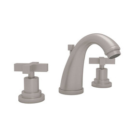 C-Spout Widespread Lavatory Faucet with Cross Handles and Pop-Up in Satin Nickel
