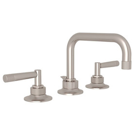 U-Spout Widespread Lavatory Faucet with Metal Lever and 6-11/16" Reach C-Spout Pop-Up Waste in Satin Nickel