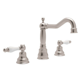 Column Spout Widespread Lavatory Faucet Ornate White Porcelain Levers Pop-Up and 7-1/8" Reach Fixed in Satin Nickel
