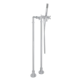 AKIT2202NXMAPC Exposed Floor Mount Tub Filler with Cross Handle Handshower and Floor Pillar Legs or Supply Unions in Polished Chrome