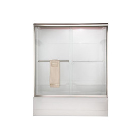 56" Tall Frameless Bypass, Clear Glass Double Sliding Shower Door for 56" to 60" Width Openings in Brushed Nickel