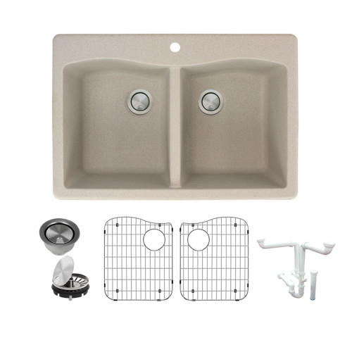33-in x 22-in x 9.5-in Granite Double Equal Drop-in 1-Hole Kitchen Sink in Cafe Latte with Grids, Strainer, Disposer Strainer, Installation Kit 33-in x 22-in x 9.5-in Granite Double Equal Drop-in 1-Hole Kitchen Sink in Cafe Latte with Grids, Strainer, Disposer Strainer, Installation Kit
