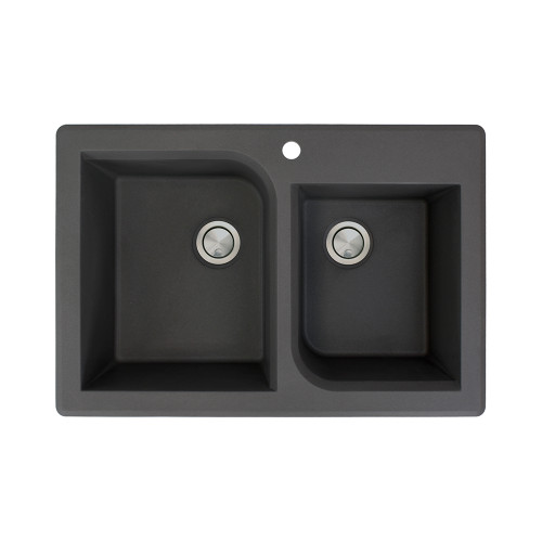K-RTDO3322-06 Radius 33.0625-in x 22.0625-in x 9.5 Granite 1-3/4 Offset Double Drop-in 1-Hole Kitchen Sink in Black with Grids, Strainer, Disposer Strainer, Installation Kit