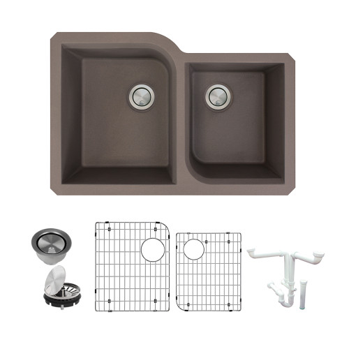 31.75-in x 20.75-in x 9.5-in Granite 1-3/4 Offset Double Undermount Kitchen Sink in Espresso with Grids, Strainer, Disposer Strainer, Installation Kit 31.75-in x 20.75-in x 9.5-in Granite 1-3/4 Offset Double Undermount Kitchen Sink in Espresso with Grids, Strainer, Disposer Strainer, Installation Kit