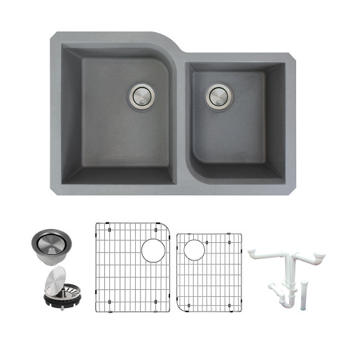 31.75-in x 20.75-in x 9.5-in Granite 1-3/4 Offset Double Undermount Kitchen Sink in Grey with Grids, Strainer, Disposer Strainer, Installation Kit 31.75-in x 20.75-in x 9.5-in Granite 1-3/4 Offset Double Undermount Kitchen Sink in Grey with Grids, Strainer, Disposer Strainer, Installation Kit