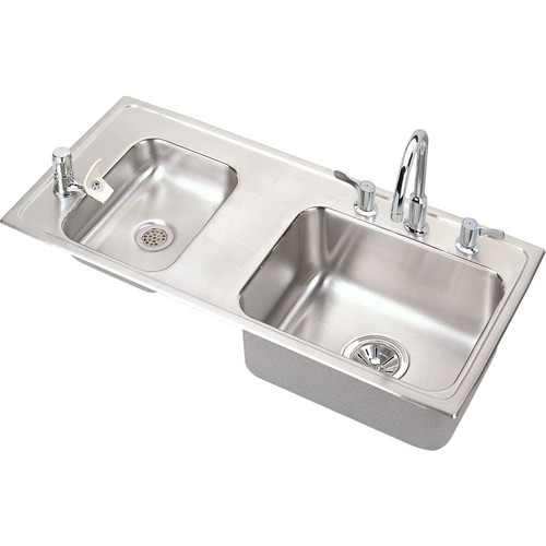 DRKAD371750LC Stainless Steel Double Bowl Top Mount Sink and Faucet Kit with 4 Faucet Holes in Lustrous Highlighted Satin