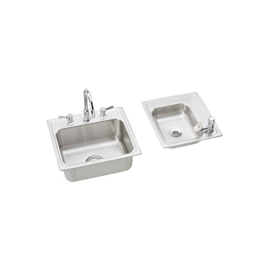 DRKR23417RC Stainless Steel Double Bowl Top Mount Quick-Clip Sink and Faucet Kit with 4 Faucet Holes in Lustrous Highlighted Satin