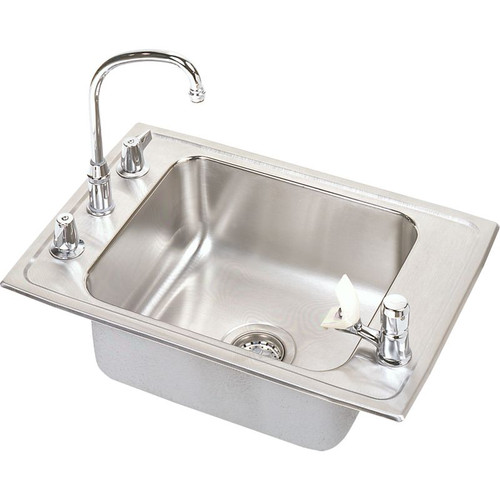 DRKRC2220C Stainless Steel Single Bowl Top Mount Sink and Faucet Kit with 4 Faucet Holes in Lustrous Highlighted Satin