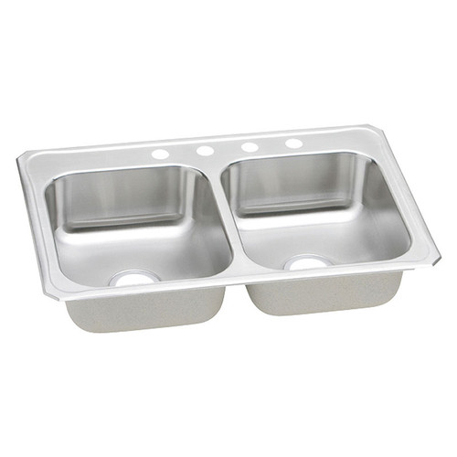 33" x 22" x 7" 20 Gauge Stainless Steel Equal Double Bowl Drop-in Kitchen Sink with 4 Faucet Holes in Brushed Satin 33" x 22" x 7" 20 Gauge Stainless Steel Equal Double Bowl Drop-in Kitchen Sink with 4 Faucet Holes in Brushed Satin