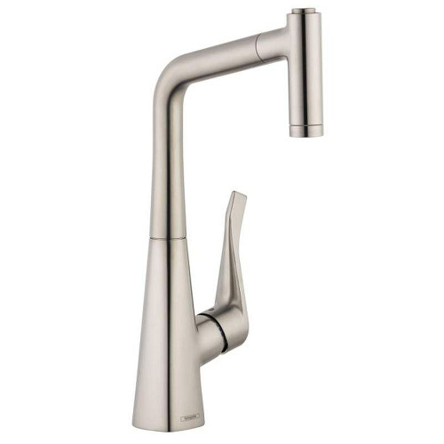 Hansgrohe 04508800 Metris Pull-Out Kitchen Faucet with Magnetic Docking and Locking Spray Diverter in Steel Optic Hansgrohe 04508800 Metris Pull-Out Kitchen Faucet with Magnetic Docking and Locking Spray Diverter in Steel Optic