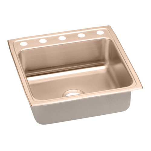 22" x 22" x 7-5/8" 18 Gauge CuVerro Antimicrobial Copper Single Bowl Drop-in Sink with 5 Faucet Holes in Lustrous Satin