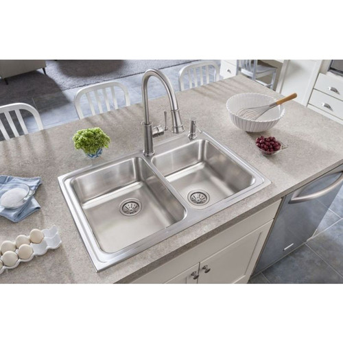 33" x 22" x 7-7/8" 18 Gauge Stainless Steel Offset Double Bowl Drop-in Kitchen Sink with 1 Faucet Hole in Lustrous Satin 33" x 22" x 7-7/8" 18 Gauge Stainless Steel Offset Double Bowl Drop-in Kitchen Sink with 1 Faucet Hole in Lustrous Satin