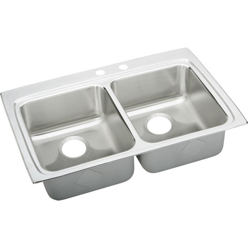 33" x 19-1/2" x 6-1/2" 18 Gauge Stainless Steel Equal Double Bowl Drop-in ADA Kitchen Sink with Middle Right 2 Faucet Holes in Lustrous Satin