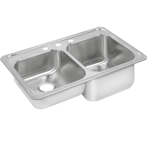 33" x 22" x 10-1/4" 20 Gauge Stainless Steel Double Bowl Drop-in Kitchen Sink with 3 Faucet Holes and Right Side Small Bowl in Brushed Satin