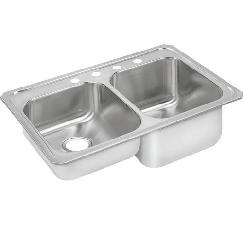 33" x 22" x 10-1/4" 20 Gauge Stainless Steel Double Bowl Drop-in Kitchen Sink with 4 Faucet Holes and Right Side Small Bowl in Brushed Satin