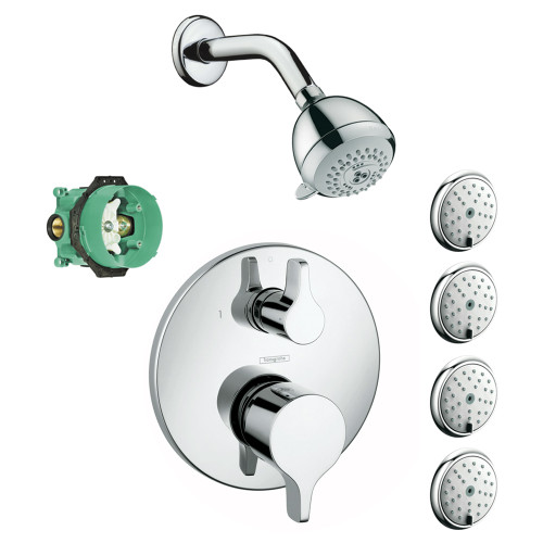 3-Jet Showerhead Kit with 4 Body Sprays Thermostatic Trim with Diverter and Rough-in in Chrome