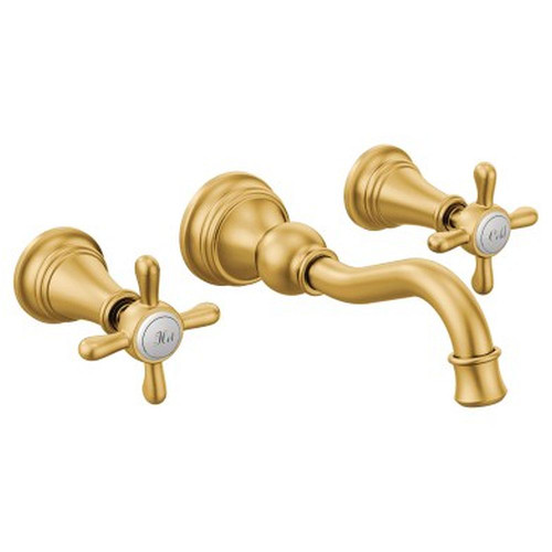 2-1/2" Double Cross Handle High Arc Wall Mount Bathroom Sink Faucet in Brushed Gold