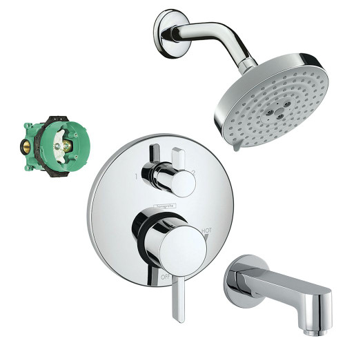 Hansgrohe KST04231-27495-13PC Raindance S 150 Air 3-Jet Showerhead Kit with Tub Spout Thermostatic Trim with Diverter and Rough-in in Chrome