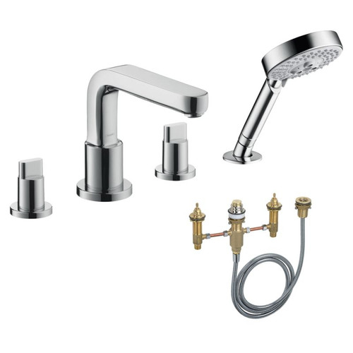 2-Handle Roman Tub Faucet with Handshower, Full Handles, and Rough-In in Chrome