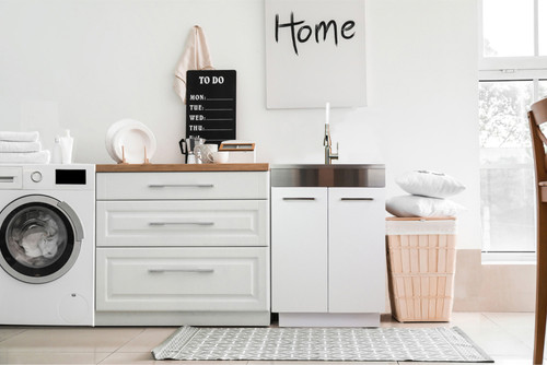 24-in White Laundry Cabinet with 9-in Handmade Stainless Steel Sink, Stainless Steel High Arc Faucet in White