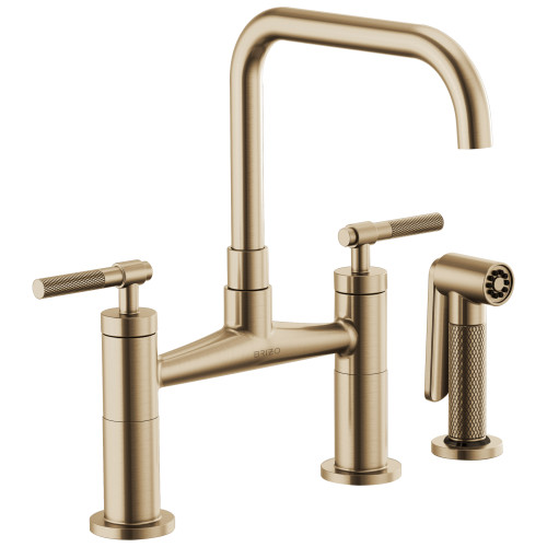 Bridge Faucet with Square Spout and Knurled Handle in Luxe Gold Finish Bridge Faucet with Square Spout and Knurled Handle in Luxe Gold Finish