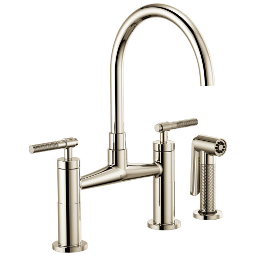 Bridge Faucet with Arc Spout and Knurled Handle in Polished Nickel Finish