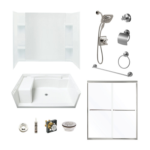 Sterling KSDFA-72290100-N 48-in Seated Shower Kit with Shower Door, Showerhead, Accessory Kit in White/Nickel