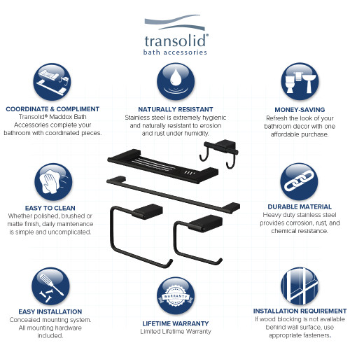 5-Piece Bathroom Accessory Kit Including a robe hook, a toilet paper holder, a towel ring, a 24-in towel bar, and a 16-in shelf with soap dish, in Black 5-Piece Bathroom Accessory Kit Including a robe hook, a toilet paper holder, a towel ring, a 24-in towel bar, and a 16-in shelf with soap dish, in Black