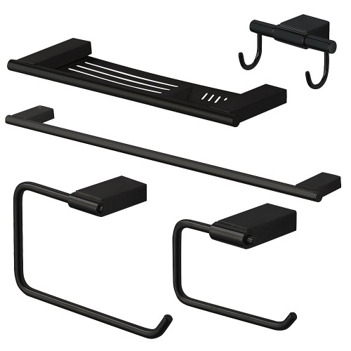 5-Piece Bathroom Accessory Kit Including a robe hook, a toilet paper holder, a towel ring, a 24-in towel bar, and a 16-in shelf with soap dish, in Black 5-Piece Bathroom Accessory Kit Including a robe hook, a toilet paper holder, a towel ring, a 24-in towel bar, and a 16-in shelf with soap dish, in Black