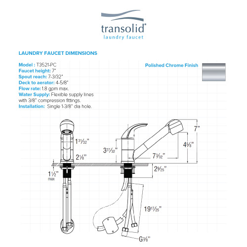 Single Lever Laundry Faucet with pull-out spray. Polished chrome.
