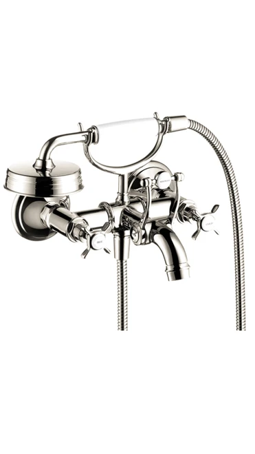 2-Handle Wall-Mounted Tub Filler with Cross Handles and Handshower in Polished Nickel