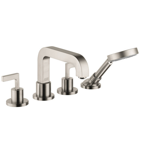 4-Hole Roman Tub Set Trim with Lever Handles and Handshower in Brushed Nickel