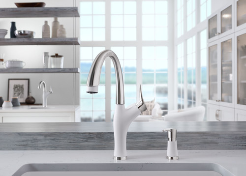 KF-442036 Artona Pull-Down Kitchen Faucet with Soap Dispenser in White/Stainless