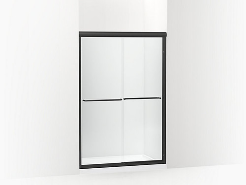 Frameless sliding shower door in matte black frame finish with smooth glass texture 42-5/8 
