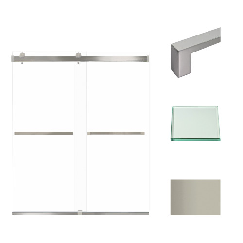 Frameless bypass shower door in brushed stainless frame finish with smooth clear glass texture and classic Sabrina handles 60-in W x 70-in H Frameless bypass shower door in brushed stainless frame finish with smooth clear glass texture and classic Sabrina handles 60-in W x 70-in H