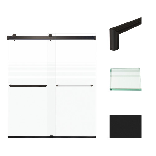 Frameless bypass shower door in matte black frame finish with frosted glass texture and classic Turin handles 60-in W x 70-in H Frameless bypass shower door in matte black frame finish with frosted glass texture and classic Turin handles 60-in W x 70-in H