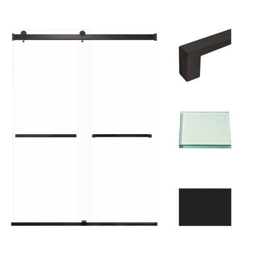 Frameless bypass shower door in matte black frame finish with smooth clear glass texture and classic Sabrina handles 60-in W x 80-in H Frameless bypass shower door in matte black frame finish with smooth clear glass texture and classic Sabrina handles 60-in W x 80-in H
