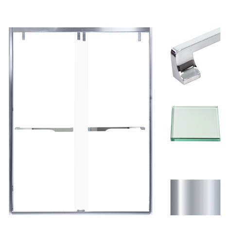 Semi-frameless bypass shower door with a polished chrome frame and a clear glass texture with Justin handles 56-60-in W x 80-in H Semi-frameless bypass shower door with a polished chrome frame and a clear glass texture with Justin handles 56-60-in W x 80-in H