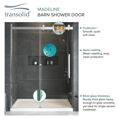 MBDT606008C-R-PC Frameless sliding shower door with fixed panel in polished chrome with clear glass texture and Riley handles