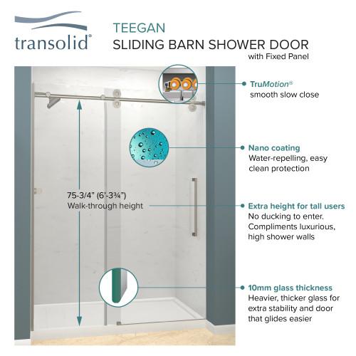 TPBT608010L-T-PC Frameless sliding shower door with fixed panel in polished chrome with low iron glass and Turin handles
