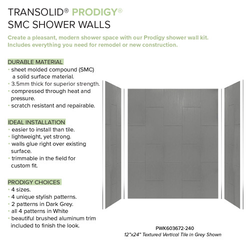 Prodigy PWK603672-240 60" x 36" x 72" Glue to Wall 3-Piece Shower Wall Trimmable Kit 12" x 24" Vertical Tile, in Dark Grey