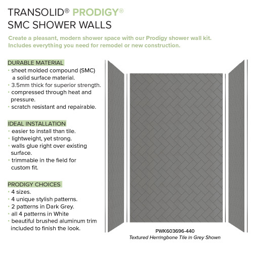 Prodigy PWK603696-440 60" x 36" x 96" Glue to Wall 3-Piece Shower Wall Trimmable Kit Herringbone Tile, in Dark Grey