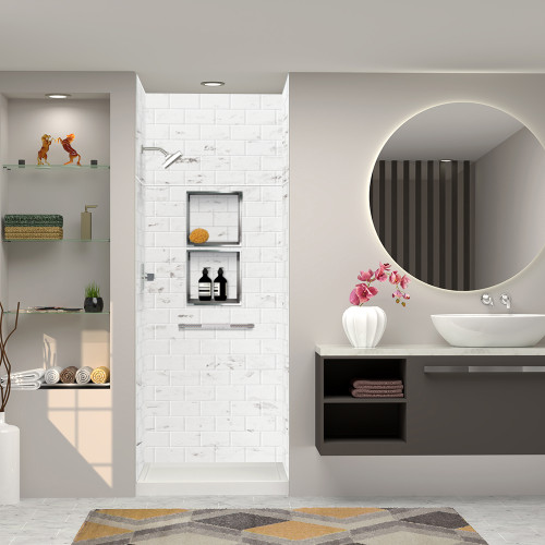 SWKX36367224-47 SaraMar 36-in x 36-in x 96-in Glue to Wall 6-Piece Shower Wall Trimmable Kit with Extension, White Venito SWKX36367224-47 SaraMar 36-in x 36-in x 96-in Glue to Wall 6-Piece Shower Wall Trimmable Kit with Extension, White Venito