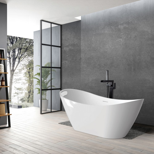 KF-AFTS6731-G31MB Skylar Grande 67-in x 31-in x 27-in Freestanding Acrylic Bathtub Kit With Center Drain, Bath Pillow And Matte Black Tub Filler, White (Gloss)