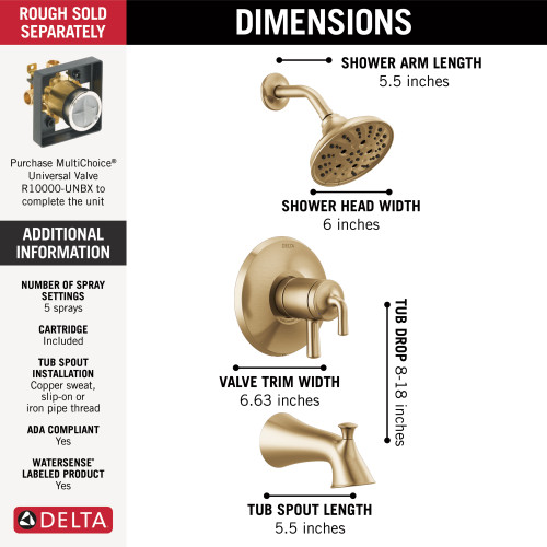 T17433-CZ Kayra Round Fixed Tub/Shower Faucet, Champagne Bronze
