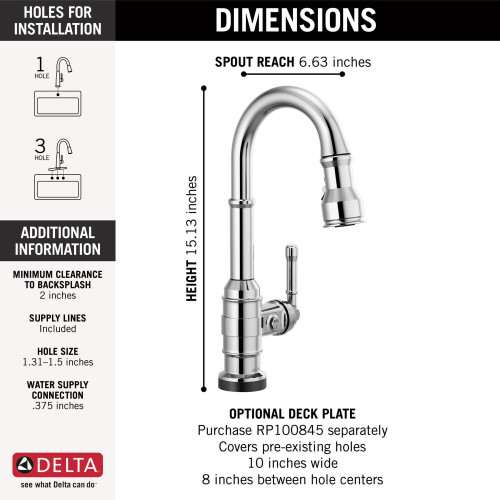 9990T-DST Broderick Single Handle Pull Down Bar or Prep Faucet with Touch2O Technology, Chrome