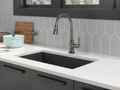 9190T-KS-DST Broderick Single Handle Pull Down Kitchen Faucet with Touch2O Technology, Black Stainless