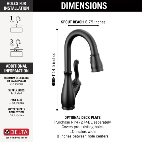 9678T-BL-DST Leland Single Handle Pull Down Bar or Prep Faucet with Touch2O Technology, Matte Black